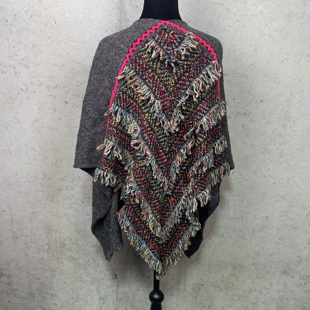 Cecilia Prado for Anthropologie Grey Poncho Sweater  with Fringe